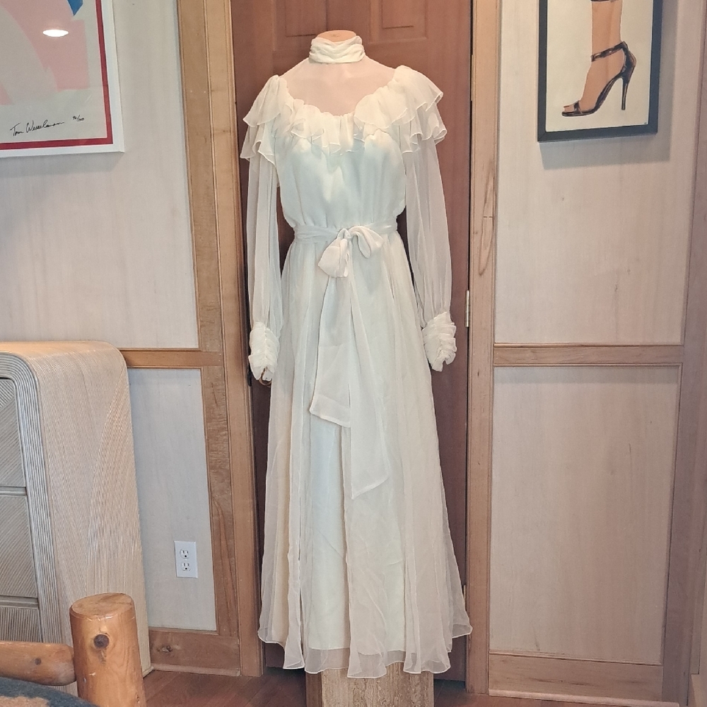 Miss Elliette Cream Chiffon Vintage  Maxi Dress S/M